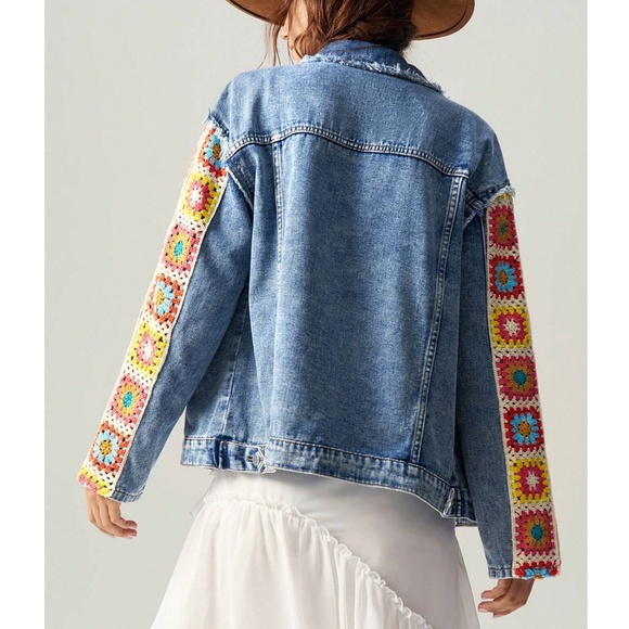 Boho Medium Wash Floral Crochet Sleeve Oversized Jean Jacket - Picture 3 of 7